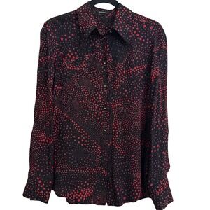 VINTAGE Escada 100% Silk Blouse Red Black Polka Dot Logo Buttons Designer 90s S